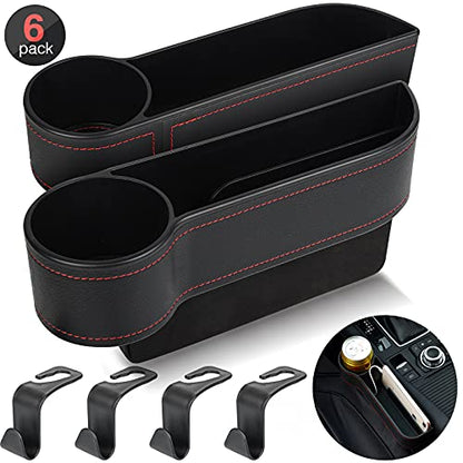 2 Set Car Seat Gap Organizer, Car Gap Filler Storage Boxes, PU Leather Front Seat Console Side Pocket Bags with Cup Holder 4 Hooks, Automotive Storage Box for Phone, Drinks, Cards, Sunglasses, Black