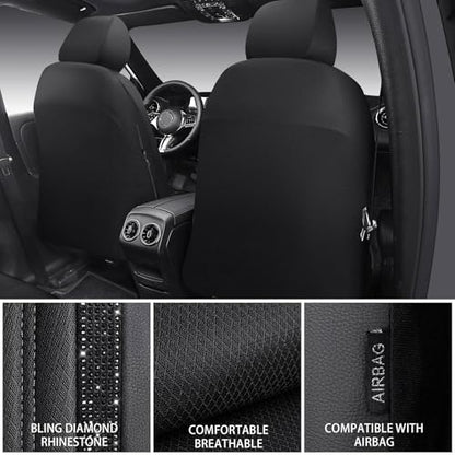 CAR PASS Memory Foam Mesh Bling Diamond Car Seat Cover 2 Front Seats Breathable Soft Sponge Universal Shining Glitter Sparkly Crystal Fit Armrest Automotive Truck SUV Cute Women Girl, Black Rhinestone - color: Black Mesh, size: Two Front Seats