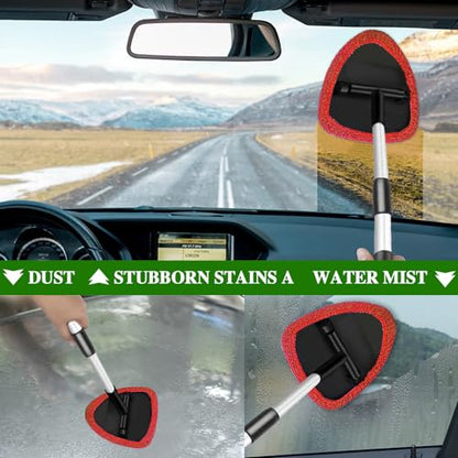 Windshield Cleaning Tool, Car Window Cleaner with 4 Washable Reusable Microfiber Pads, Auto Interior Exterior Extendable Long Handle Glass Wiper Cleaning Kit Universal for Office and Home (Red) - color: Red