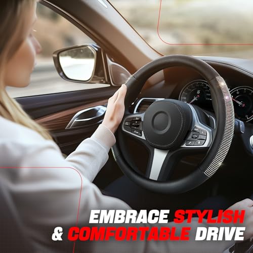 Auto Dynasty Diamond Steering Wheel Cover, Leather Car Steering Wheel Protector with Cystal Diamond Contrast Design, Anti-Slip Inner Rubber Lining, [14 1/2 to 15 Inches] Universal Fit Car Truck SUV - color: Contrast Diamond