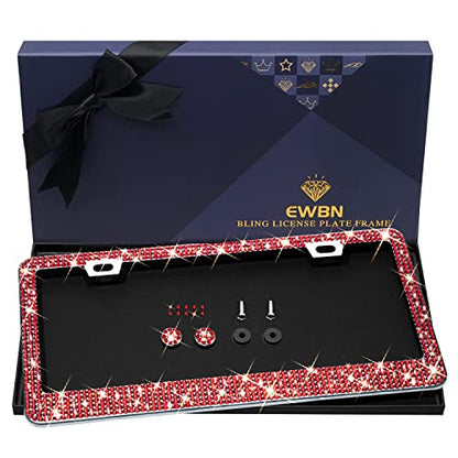 Bling Rhinestone License Plate Frame for Women, Sparkly License Plate Frames| Stainless Steel Frames & Over 1200 pcs Finest 14 Facets Glass Crystals Premium Diamond(Red) - color: Red