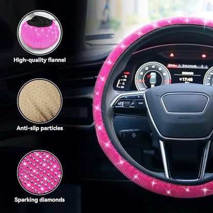 Bling Steering Wheel Cover, Rhinestone Steering Wheel Cover with Crystal Diamond for Women, Sparkling Car Wheel Protector Universal Fit 14-15 inches - Hot Pink - color: pink