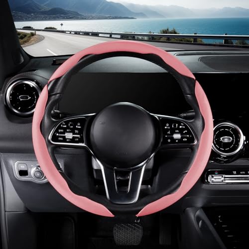 Nappa Leather Car Steering Wheel Cover for Men Women, Ultra-Thin Non-Slip Breathable Microfibre, Universal for 14.5"-15" Steering Wheel - Pink - color: Pink
