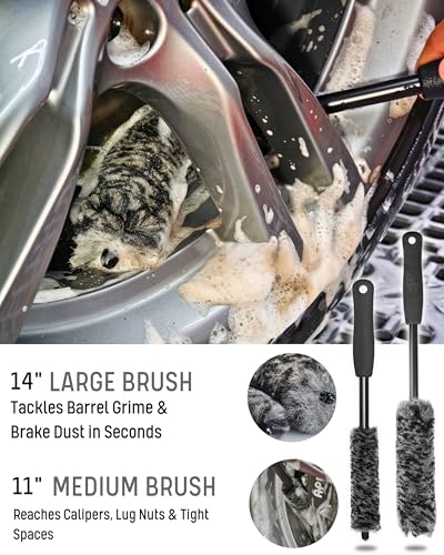 oesee 7PCS Pro-Grade Wheel Cleaning Kit: Long Handle Soft Wheel Brushes, Detailing Brush, Tire Scrubber, Wash Mitt, Hex-Logic Applicator & Microfiber Towel for Deep Car Detailing - size: 7 Packs