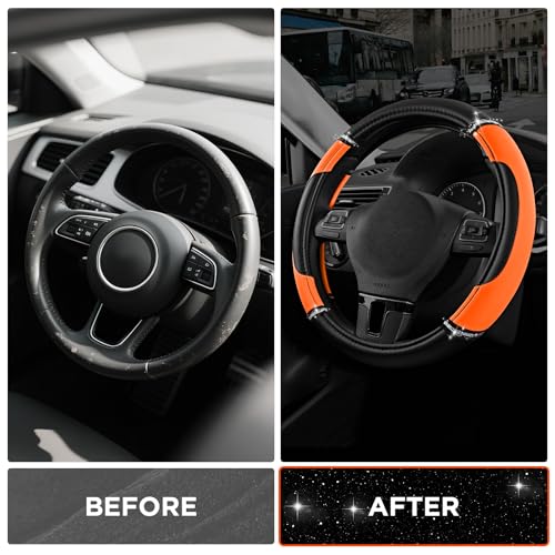 Road Comforts Leather Steering Wheel Cover - Made with PVC Leather - Anti-Slip, Universal Fit 14 1/2 inches to 15 inches - Orange - color: Orange