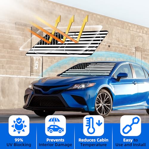 Foldable Windshield Sun Shade with American Patriotic Design-Front Window Sunshade for Cars, Trucks, SUVs Blocking Harmful UV Rays & Heat, Keep Interior Cool, Super Easy to Use & Store - color: Black