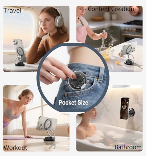 BOCLOUD 2026 Next-Gen Suction Cup Phone Mount Cute 360° Zinc Alloy 109 LBS Phone Stand Vacuum Magnetic Car Holder for MagSafe Strongest Accessories for iPhone 16 15 14... Android - color: Dark Black