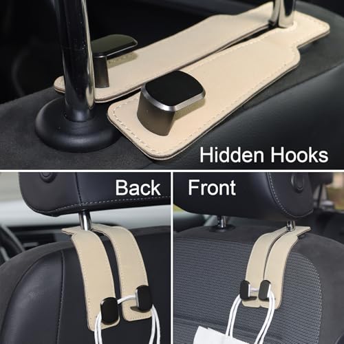 Purse and Bag Hook for Car, Zinc Alloy Seat Headrest Hooks, Upgraded Leather Car Seat Back Purses Hanger and Bags Holder (Beige, 2Pack) - color: Beige