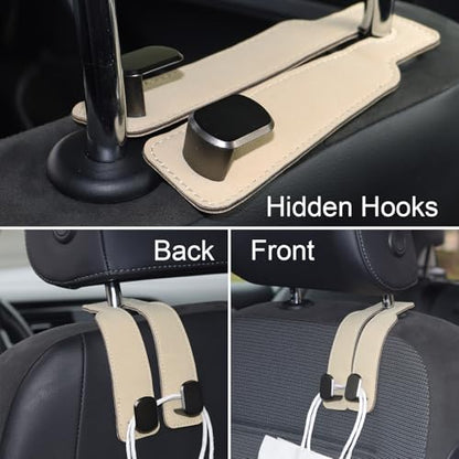 Purse and Bag Hook for Car, Zinc Alloy Seat Headrest Hooks, Upgraded Leather Car Seat Back Purses Hanger and Bags Holder (Beige, 2Pack) - color: Beige