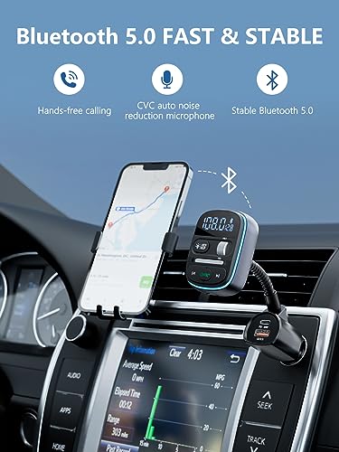 LENCENT Bluetooth FM Transmitter PD 30W, Bluetooth Car Adapter with QC3.0 Fast Charger, Hi-Fi Bass Music, Wireless Radio Receiver Hands-Free Calling, [Color Light]