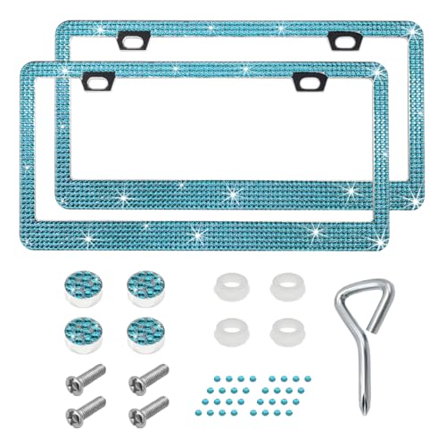 DXNQ 2PCS Bling License Plate Frame, Sparkly Rhinestone Diamond License Plate Cover with Crystal Screws Caps, Glitter Crystal Stainless Steel License Plate Holder for Women (Blue) - color: Blue, 2PCS