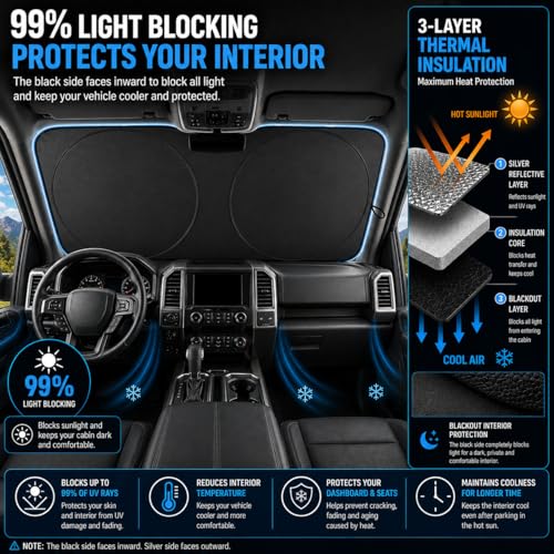Ford F150 Windshield Sun Shade, Custom Fit Foldable Front Window Sunshade Visor, Blocks UV Rays and Heat, Keeps Interior Cooler, Fits 1990–2025 Models - size: for Ford F150 F250 F350 2015-present