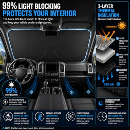 Ford F150 Windshield Sun Shade, Custom Fit Foldable Front Window Sunshade Visor, Blocks UV Rays and Heat, Keeps Interior Cooler, Fits 1990–2025 Models - size: for Ford F150 F250 F350 2015-present