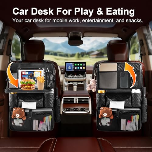 Car Seat Organizer with Foldable Table Tray - 11 Storage Pockets PU Leather Backseat Organizer with Tablet Holder, Seat Back Protector Kick Mat for Kids Family Road Trip Accessories (Black) - size: 1 Pack