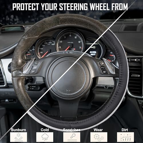 CAR PASS Bling Silver Diamond Leather Steering Wheel Cover, with Sparkly Crystal Glitter Rhinestone Universal Fit 13" 1/2-14" Small Car Wheel Protector for Women Girl Fit Car,SUV,Van,Sedan, Silver - color: Silver Diamond Leather Small