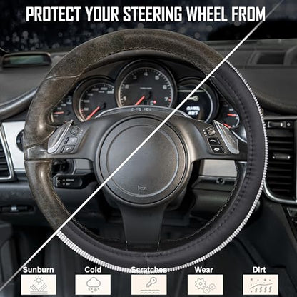 CAR PASS Bling Silver Diamond Leather Steering Wheel Cover, with Sparkly Crystal Glitter Rhinestone Universal Fit 13" 1/2-14" Small Car Wheel Protector for Women Girl Fit Car,SUV,Van,Sedan, Silver - color: Silver Diamond Leather Small