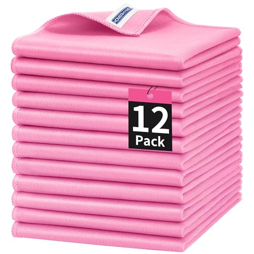 Microfiber Cleaning Cloth, 12 Pack Window Glasses Cleaning Cloth, Reusable Lint-Free Streak Free Polishing Cloth Wipes for Stainless Steel, Eyeglasses, Mirrors, Screens & Lenses,12"*12" Pink - color: Pink, size: 12 Pk-12" X 12"