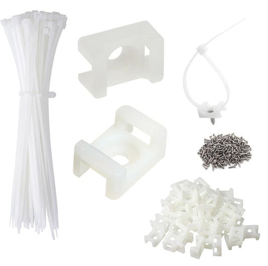 Cable Zip Tie Mounts Kit - 240 Set Wire Cable Clips Organizer Holders with 8" Cable Ties, Saddle Type Mounts Base and Tapping Screw - color: White, size: 8" - 240 Set