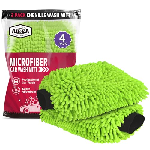 AIDEA Car Wash Mitt Microfiber, 4PK Scratch Free Lint-Free, Premium Chenille Microfiber Mitt Car Wash Brush, Green, Regular Size 7.12''X10.14'' - color: Green, size: 4PK
