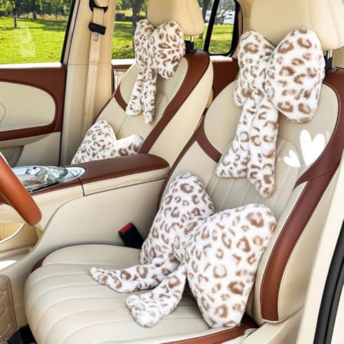 LYFJMUS 4 Pack Plush Bow Car Headrest Pillow and Lumbar Support Pillow Soft Butterfly Car Neck Pillows for Driving Cars Decor (White Leopard) - color: White Leopard