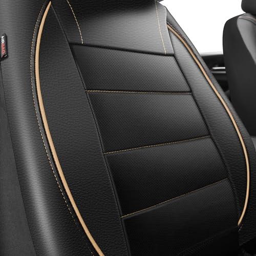 CAR PASS Universal FIT Piping Leather Two Front Seat Covers, Waterproof Faux Leather for SUV Sedan Van Truck, Airbag Compatible,Reserved Opening Holes for Headrest Covers. (Black and Beige) - color: Black Beige
