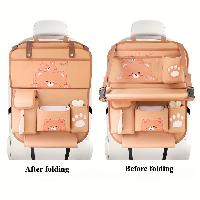 Car Organizer for Back Seat - Bear Design Storage Bag with Multi-Pockets, Kick Mat, Cup Holder, Trash Can, Table & Phone Holder | PU Leather, Waterproof, Easy Clean Car Accessories