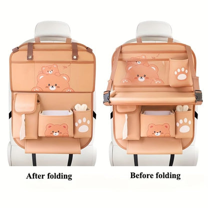 Car Organizer for Back Seat - Bear Design Storage Bag with Multi-Pockets, Kick Mat, Cup Holder, Trash Can, Table & Phone Holder | PU Leather, Waterproof, Easy Clean Car Accessories