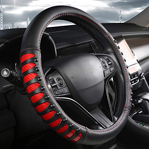 West Llama Microfiber Leather Car Steering Wheel Cover for Men Women,Universal Fit 14.5-15 inch(Leather Nails-Red+Black-Standard Size) - color: C-Red+Black, size: Standard size (14 ½''-15'')
