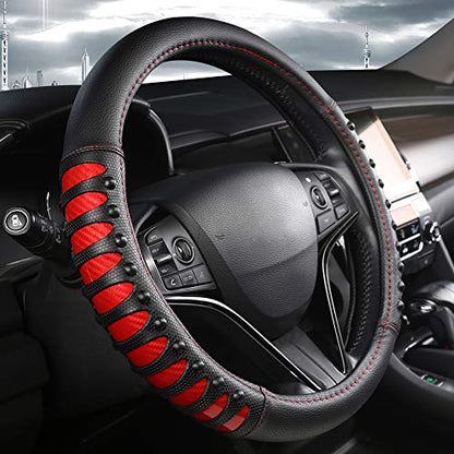 West Llama Microfiber Leather Car Steering Wheel Cover for Men Women,Universal Fit 14.5-15 inch(Leather Nails-Red+Black-Standard Size) - color: C-Red+Black, size: Standard size (14 ½''-15'')