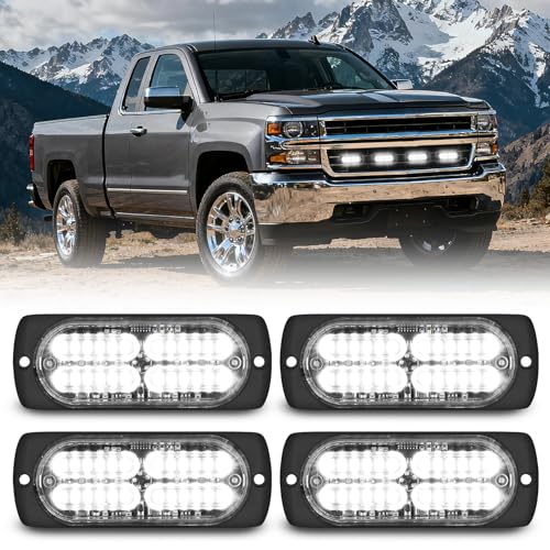 Nilight 4PCS 24LED Emergency Strobe lights 12V 24V White Surface Mount Grille Hazard Safety Warning Light Sync Feature Side Flashing Marker Flash for Car Truck Campers - color: White