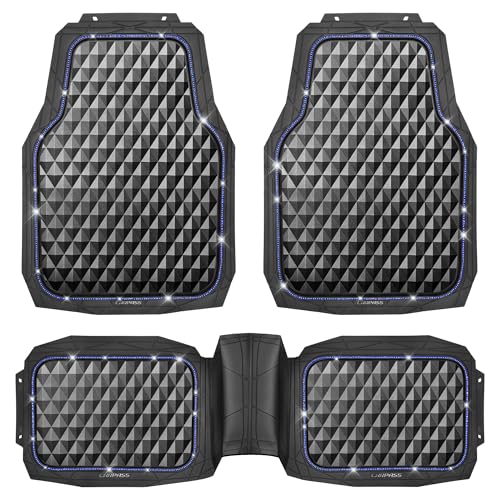 CAR PASS Bling Diamond Rubber Car Mats, Heavy Duty Deep Dish All-Weather Floor Mat Full Set Anti-Slip 3D Rhombus Waterproof Trim to Fit Liner Universal Glitter Sparkly Shining Rhinestone, Black Blue - color: Blue Diamond