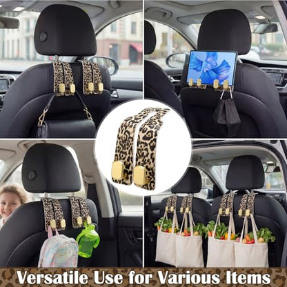 Silkfly 4 Pcs Leopard Print Car Seat Back Hooks, Brown Cheetah Car Headrest Hooks Metal & Leather Multi-Function Storage Double Hanger for Purse Handbags Phone Organizer Accessories Gift