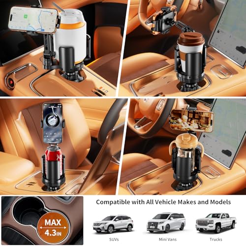 Phone Holders for Your Car, 2 in 1 Cup Holder Phone Mount with Expander, Secure Hold, Adjustable Base and Long Arm with 360°Rotation Car Phone Holder for 4-7‘’ devices and Up to 5.31'' Most Bottles