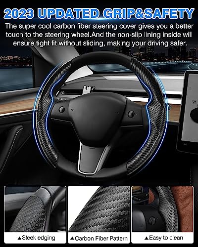 Shademax for Tesla Steering Wheel Cover Tesla Model Y/3 2017-2025 2026 (Fit Model Y Juniper 2026/ Model 3 Highland) Carbon Fiber Steering Wheel Cover Protector Anti-Slip Model Y/3 Accessories (Black) - color: A-Black (Carbon Fiber )