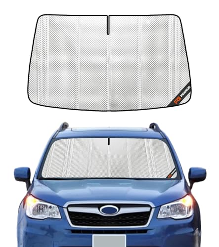 Pigenius Windshield Sun Shade for Subaru Forester 2014-2018 with Eyesight Driver Assist. Full Coverage Rearview Mirror Shade for Ultimate Protection - color: Shiny Silver (Upgrade), size: 2014-2018 with EyeSight Driver Assist