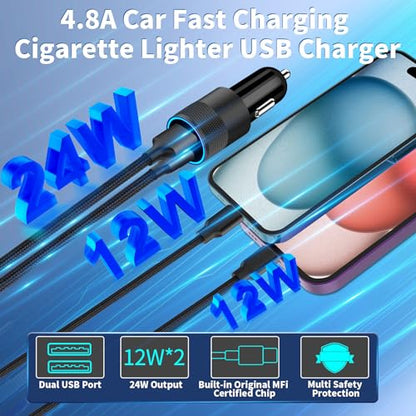 [Apple MFi Certified] iPhone Fast Car Charger, Braveridge 2Pack 4.8A Dual USB Car Power Cigarette Lighter USB Car Carplay Charger with Lightning Braided Cable for iPhone 14 13 12 11 Pro XS XR X 8 iPad - color: Carbon Black