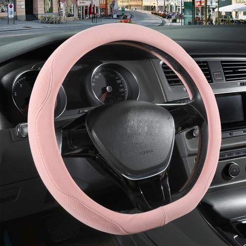 14 inch Pink Suede D Shaped Steering Wheel Cover, Breathable Non-Slip Sweat-Proof Wear-Resistant No Pilling, Warm in Winter and Cool in Summer - color: Pink, size: D Shape-S[13.5''-14'']