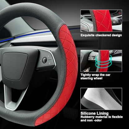 LKWLIKEI Leather Steering Wheel Cover. Elegant Diamond Checkered Design, Non-Slip and Breathable, for Tesla Model 3/Y Steering Wheel Protector,Black Red - color: Black Red