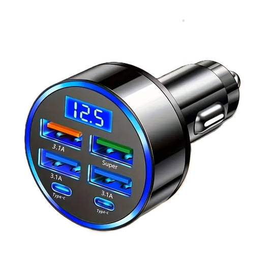 120W 6-Port Fast Car Charger USB-C with LED Voltage Display, Multi Port Cigarette Lighter Adapter for iPhone, Android - size: 6 PORT