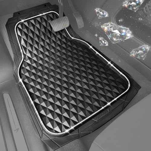 CAR PASS Bling Diamond Black Rubber Car Mats, Heavy Duty Deep Dish All-Weather Floor Mat Anti-Slip 3D Rhombus Waterproof Trim to Fit Liner Universal Glitter Sparkly Shining Rhinestone, 3 Pcs Silver - color: Silver Diamond