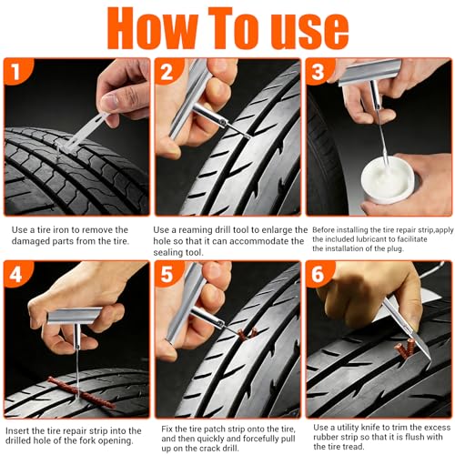 62Pcs Heavy Duty Tire Repair Kit - Universal Tubeless Tire Patch Plug Kit for Cars, Trucks, SUV, Motorcycle, Lawn Mower - Emergency Road Side Tool Set