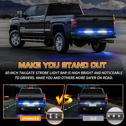 XRIDONSEN 60 inch Blue White Emergency Lights Strip 360 LED Truck Tailgate Rear Window Police Firefighter Lights Strobe Flashing Warning Hazard Safety First Responder for Vehicles Pickup Trucks - color: Blue/White