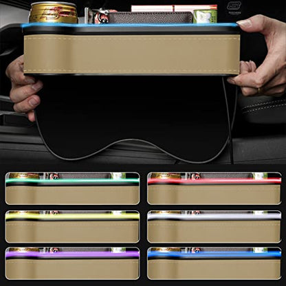 Car Seat Gap Filler Organizer, 2 Pack Multifunctional Car Seat Organizer, 7 Colours Changing LED Car Seat Seam Filler, Auto Console Side Storage Box with Cup Holders (beige) - color: beige