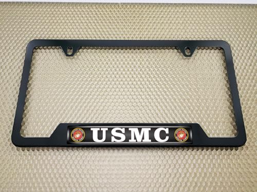 [Officially Licensed Product] - Stainless Steel Matte Black CAR 2-Hole Standard Size - Domed Custom-Made Corrosion-Resistant License Plate Frame with USMC Semper Fidelis Design & Free caps - (Qty: 1) - size: USMC
