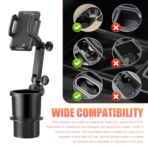 Car Cup Holder Mobile Phone Rack, Multi-Function 2 in 1 Cup Holder Expander, 360 Degrees Rotatable Automotive Phones Mount, Universal for Most Cars, Trucks, SUVs (Black)