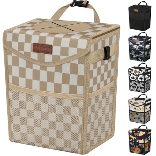 Pritent Car Trash Can with Lid, Cute Leakproof Car Trash Garbage Bag Hanging Vehicle Trash Bin Small Portable Automotive Garbage Cans Organizer for Back/Front Seat(Trapezoid,Khaki Checkered) - color: Khaki Checkered, size: 2 Gallons