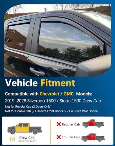 Shatterproof in-Channel Rain Guards for Chevrolet (Chevy) Silverado GMC Sierra 1500 2019-2026 Crew Cab, Clip-on Window Deflectors Vent Window Visors Rain Sun Wind Guards Shade Deflectors - size: For Silverado Sierra 1500 2019-2026 Crew Cab