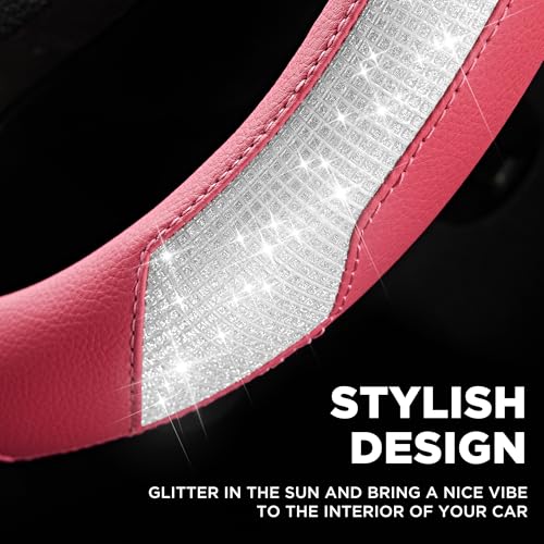 PIC AUTO Steering Wheel Cover, Sparkly Crystal Bling Glitter with Hot Pink Leather, Universal Fit 14.5"-15.5" Car Steering Wheels for Girls & Women, Breathable Anti-Slip Steering Wheels Cover - color: Hot Pink