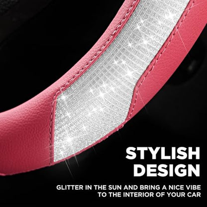 PIC AUTO Steering Wheel Cover, Sparkly Crystal Bling Glitter with Hot Pink Leather, Universal Fit 14.5"-15.5" Car Steering Wheels for Girls & Women, Breathable Anti-Slip Steering Wheels Cover - color: Hot Pink