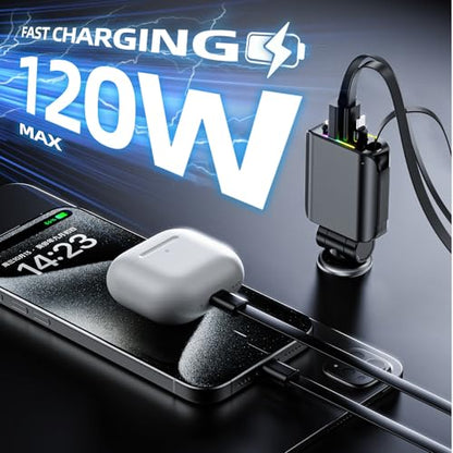 [2026 Ultra-Slim, 75% Less Space] Retractable Car Charger with Starlight, Max 120W USB C Car Charger Adapter, Cars Phone Chargers Fast Charging, Car Chargers for iPhone 17 16 Pro Max Plus and Android - color: black gold